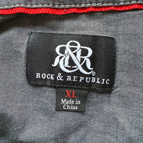 Rock & Republic Size XL Light Gray Plaid Utility Chest Pockets Button-Up Shirt - Picture 6 of 13